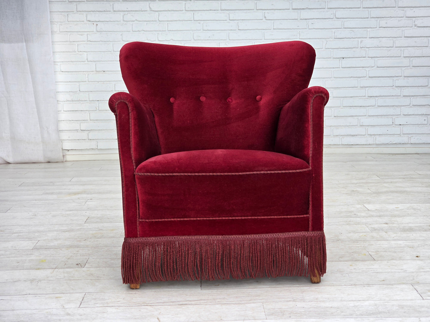 1970s, Danish armchair, cherry-red furniture velour, oak wood legs.