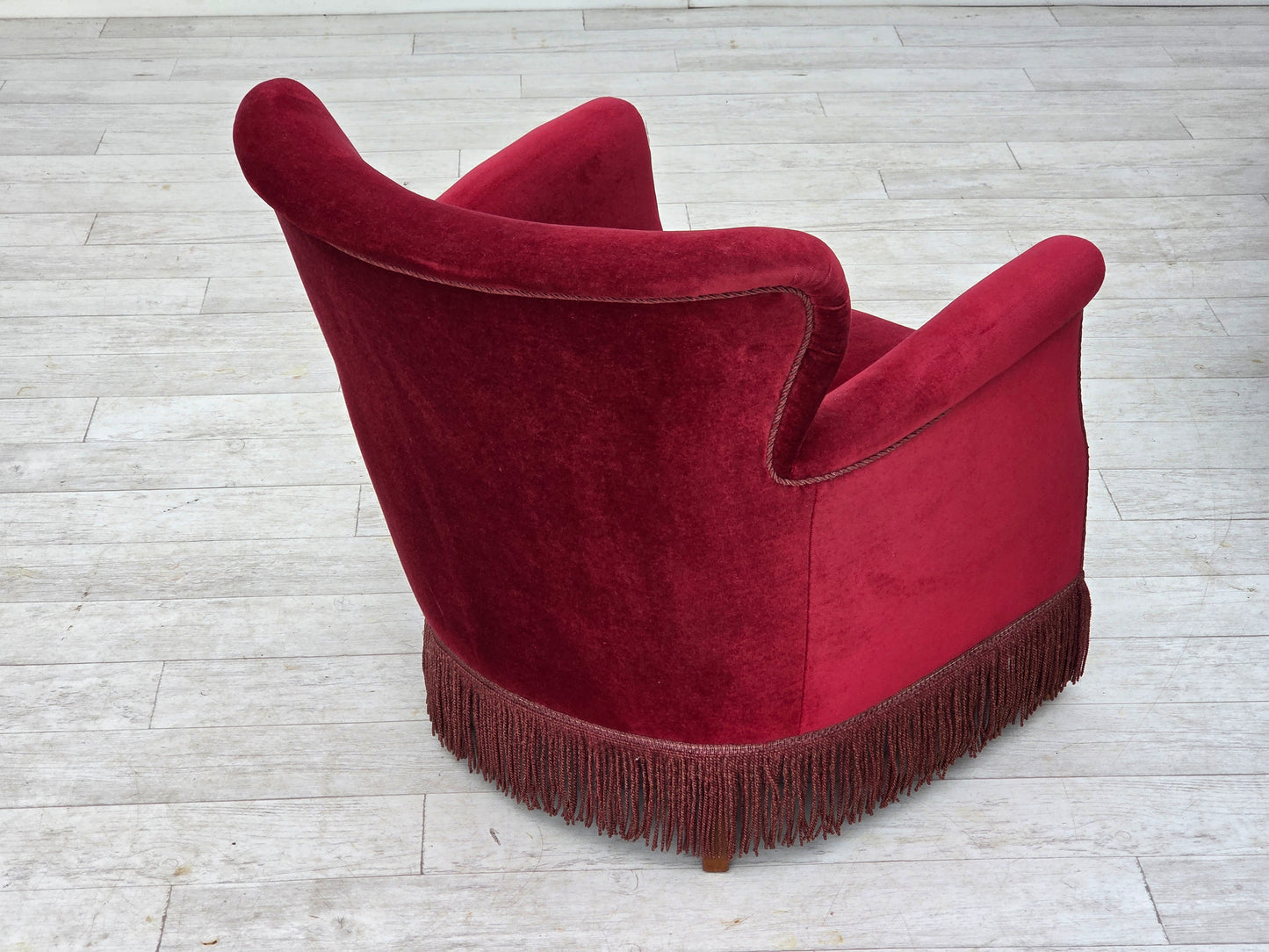 1970s, Danish armchair, cherry-red furniture velour, oak wood legs.