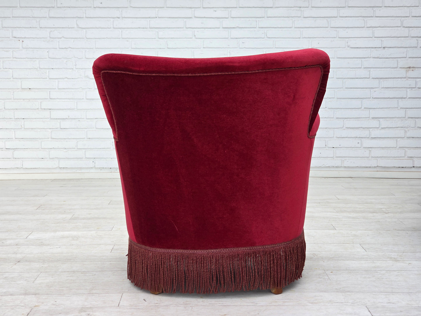 1970s, Danish armchair, cherry-red furniture velour, oak wood legs.