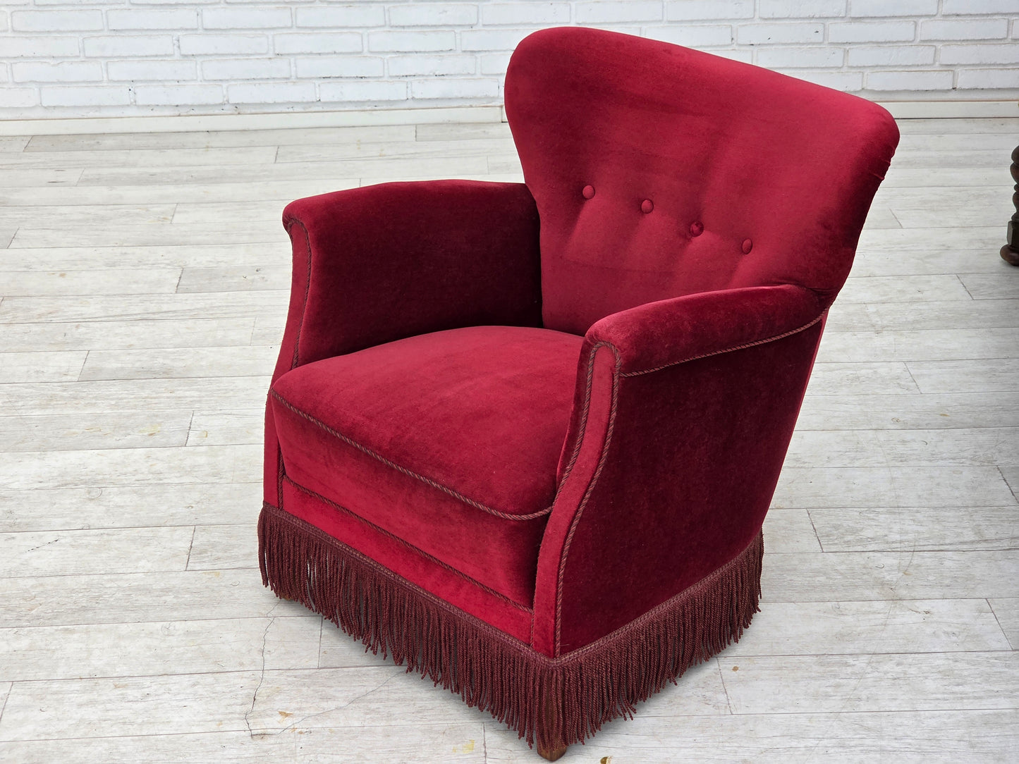 1970s, Danish armchair, cherry-red furniture velour, oak wood legs.