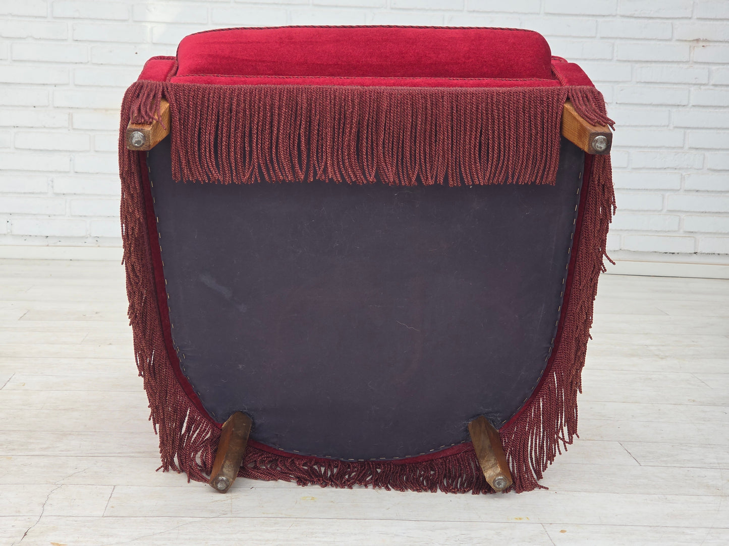 1970s, Danish armchair, cherry-red furniture velour, oak wood legs.