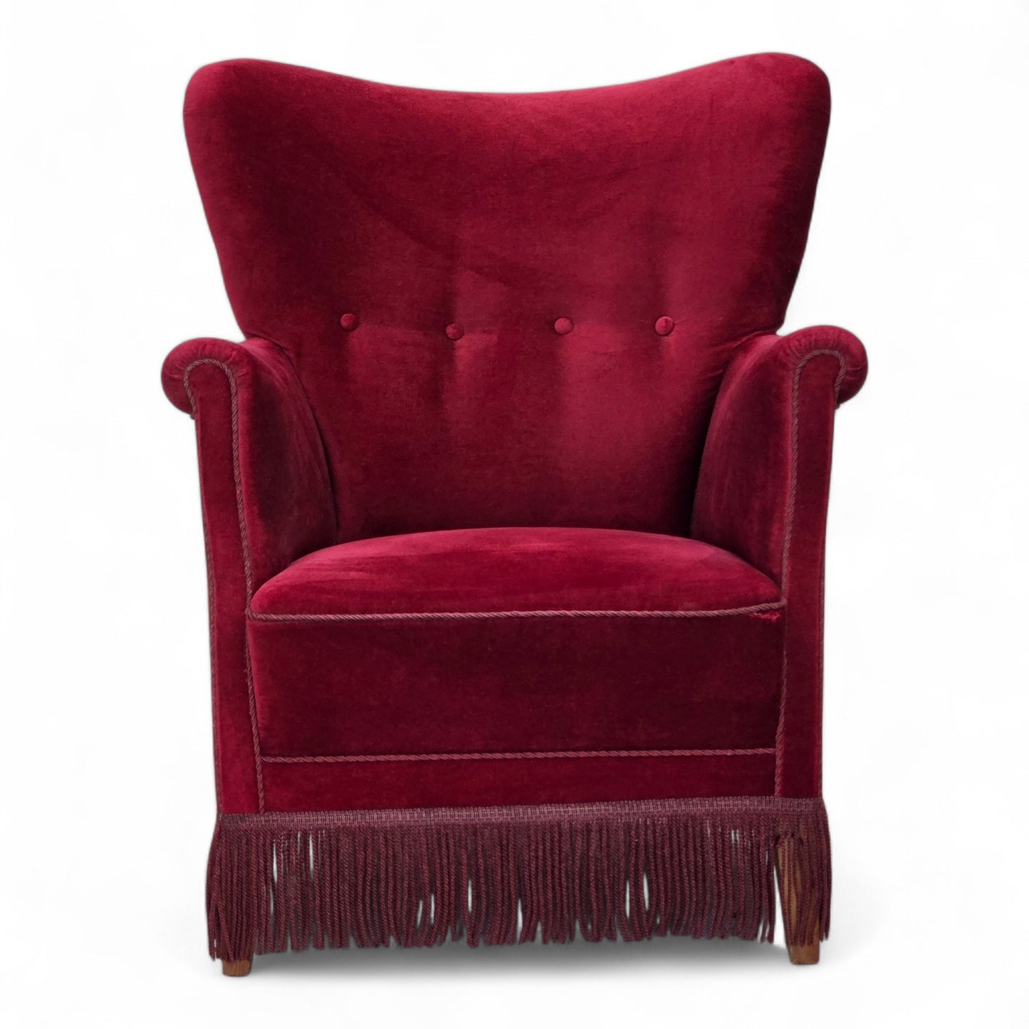 1970s, Danish armchair, cherry-red furniture velour, oak wood legs.
