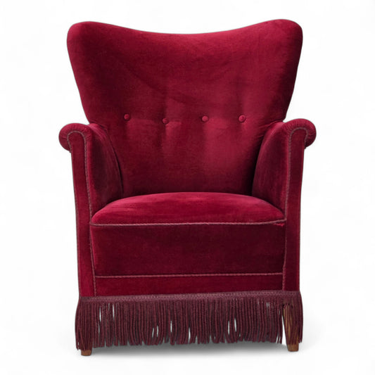 1970s, Danish armchair, cherry-red furniture velour, oak wood legs.