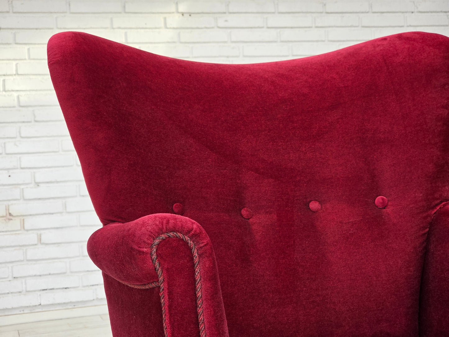 1970s, Danish armchair, cherry-red furniture velour, oak wood legs.