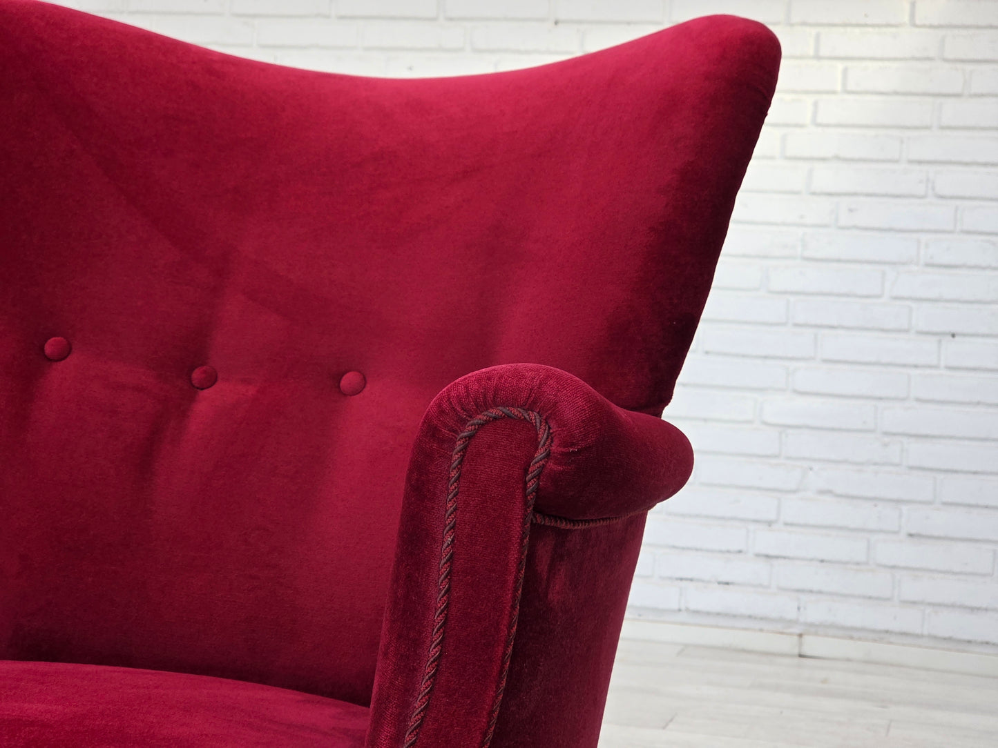 1970s, Danish armchair, cherry-red furniture velour, oak wood legs.