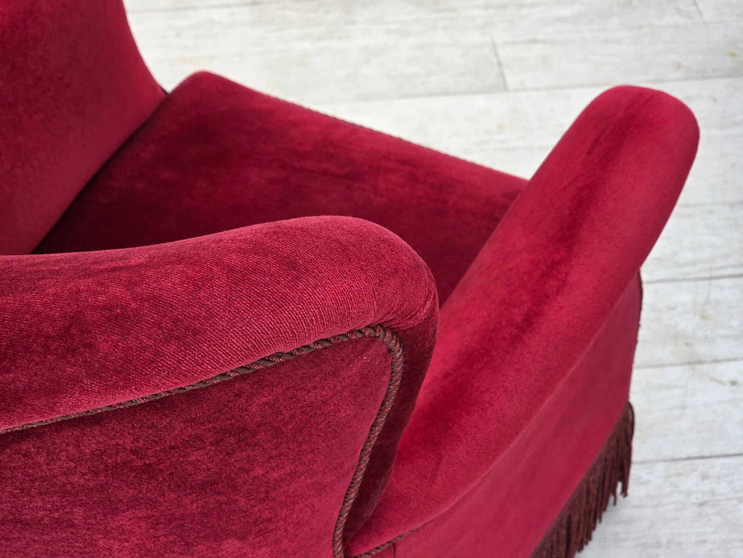 1970s, Danish armchair, cherry-red furniture velour, oak wood legs.