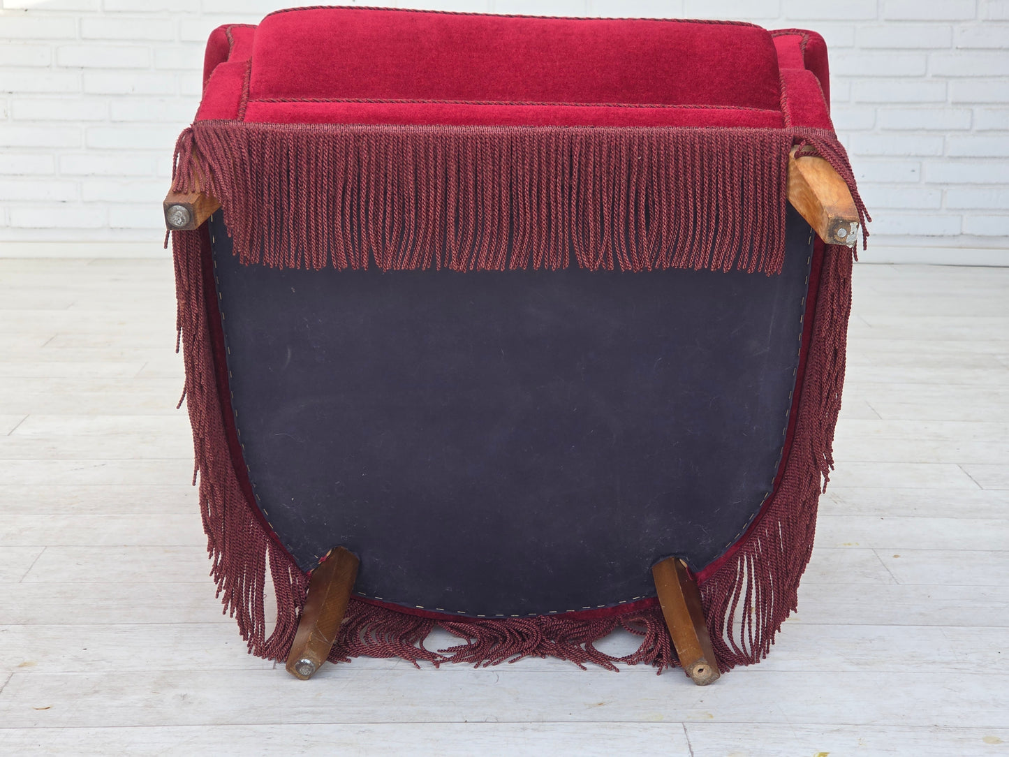1970s, Danish armchair, cherry-red furniture velour, oak wood legs.