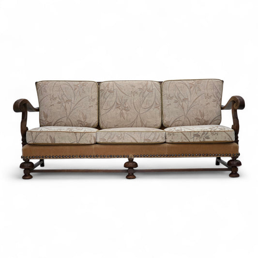 1960s, Danish 3-seater sofa, beige/brown furniture fabric, carved oak wood.