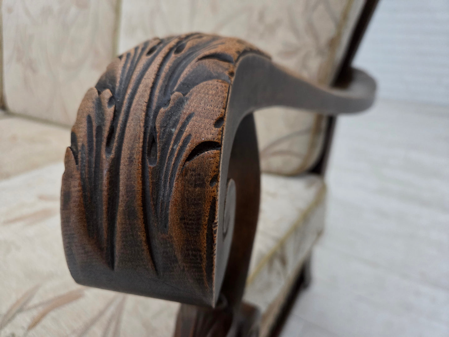 1960s, Danish 3-seater sofa, beige/brown furniture fabric, carved oak wood.