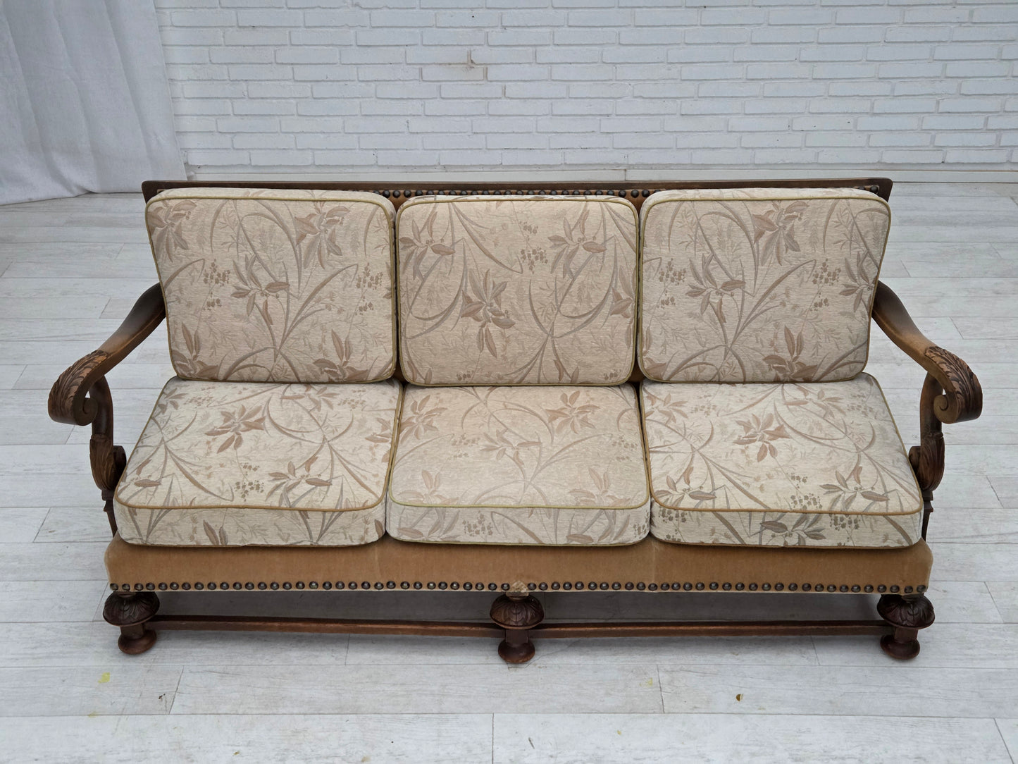 1960s, Danish 3-seater sofa, beige/brown furniture fabric, carved oak wood.