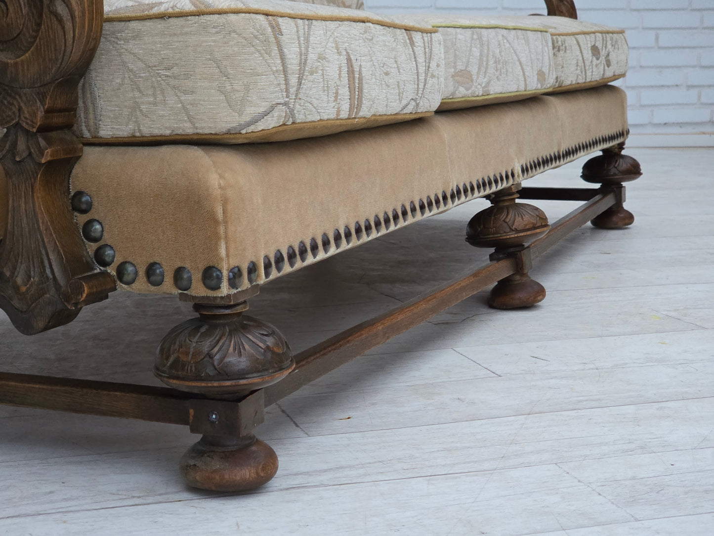 1960s, Danish 3-seater sofa, beige/brown furniture fabric, carved oak wood.