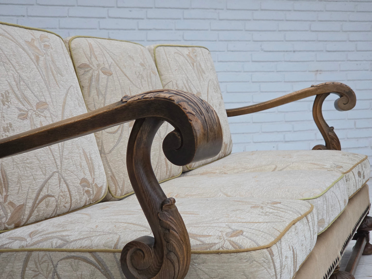 1960s, Danish 3-seater sofa, beige/brown furniture fabric, carved oak wood.