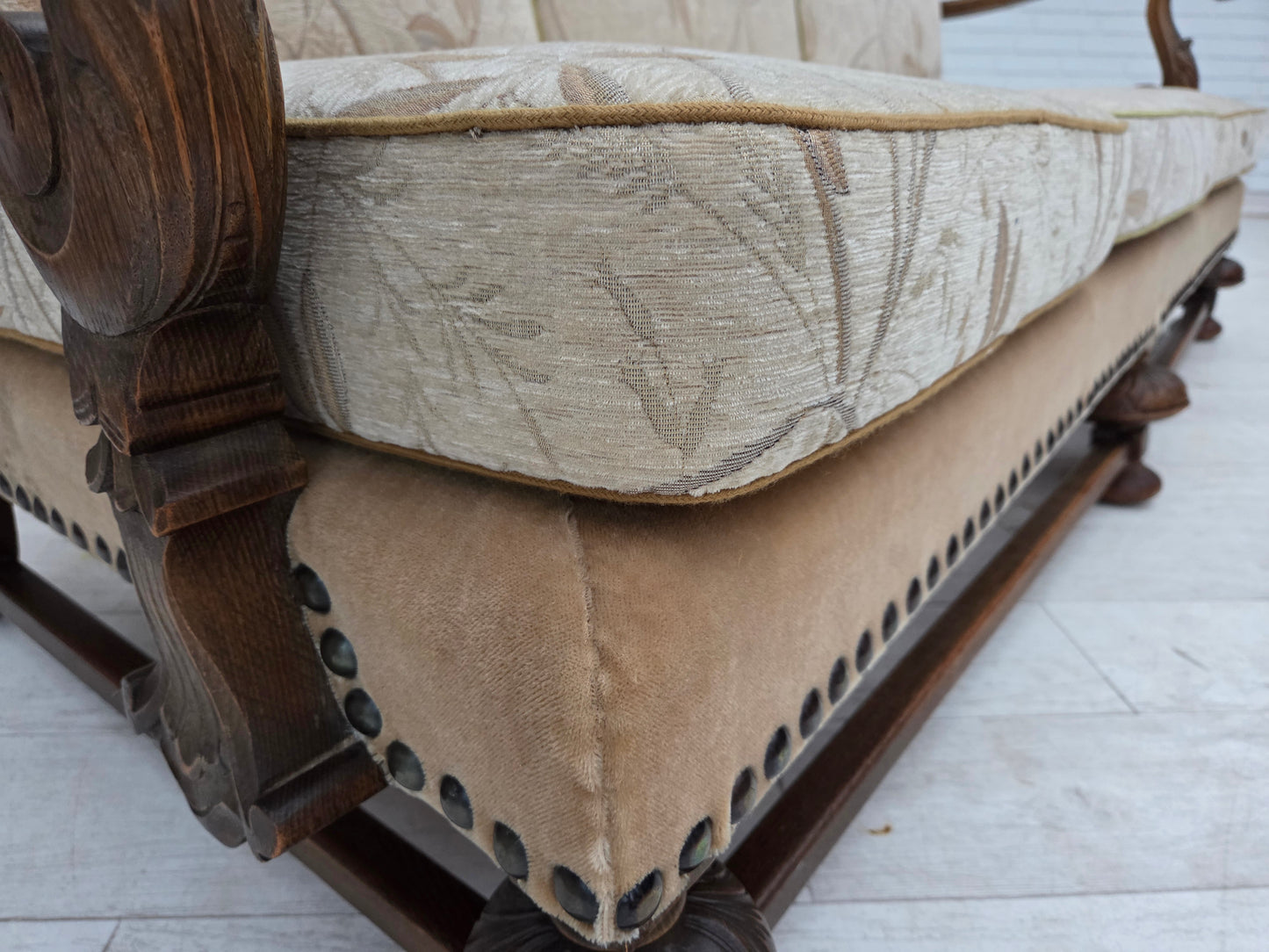 1960s, Danish 3-seater sofa, beige/brown furniture fabric, carved oak wood.