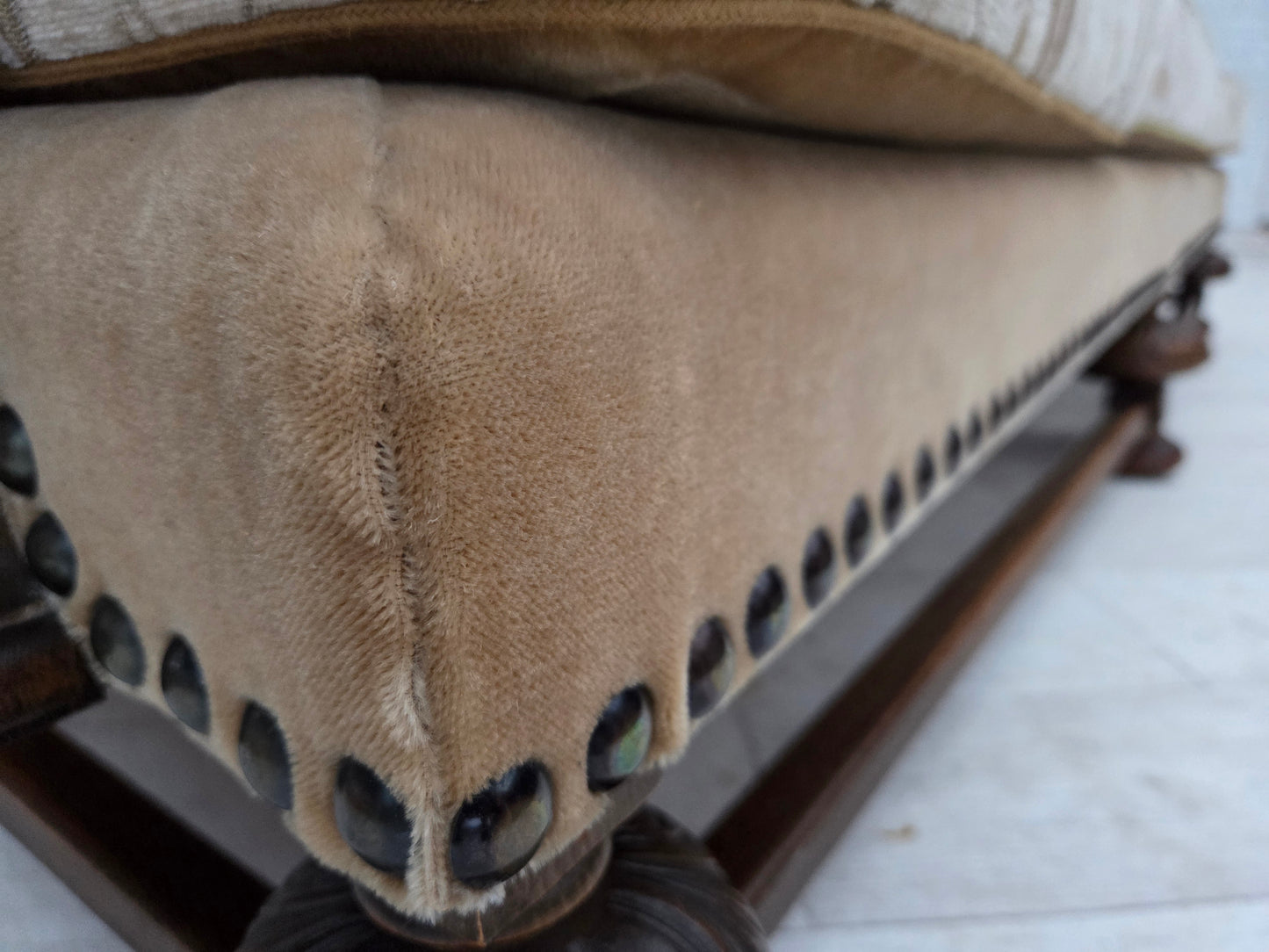 1960s, Danish 3-seater sofa, beige/brown furniture fabric, carved oak wood.