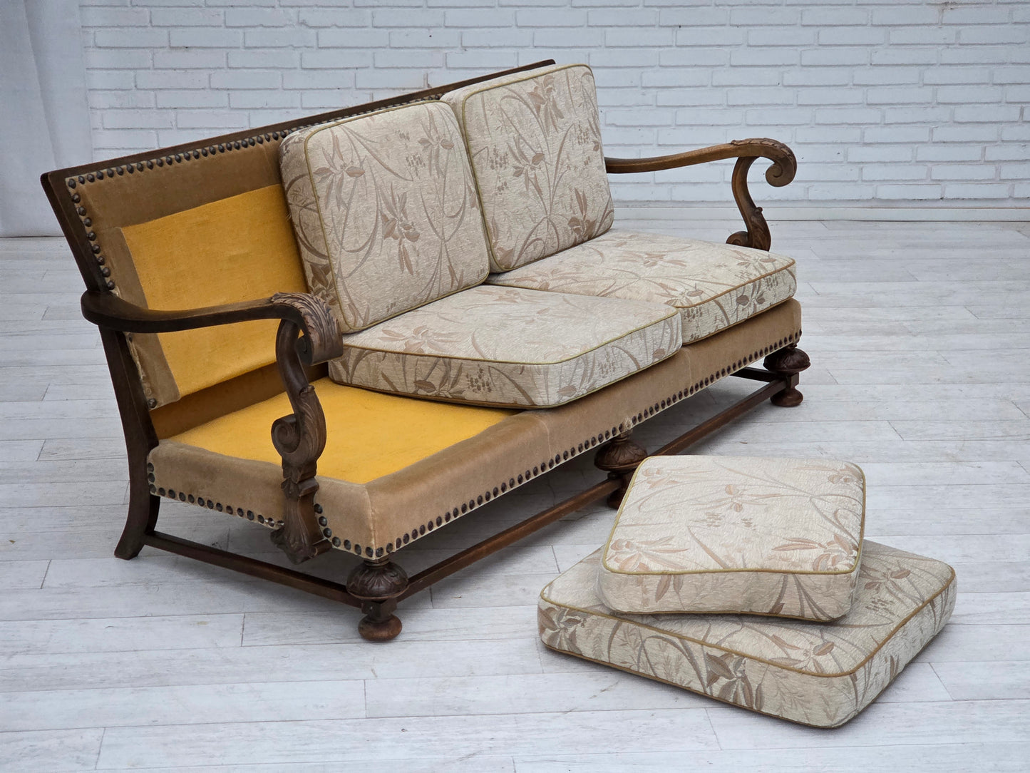 1960s, Danish 3-seater sofa, beige/brown furniture fabric, carved oak wood.