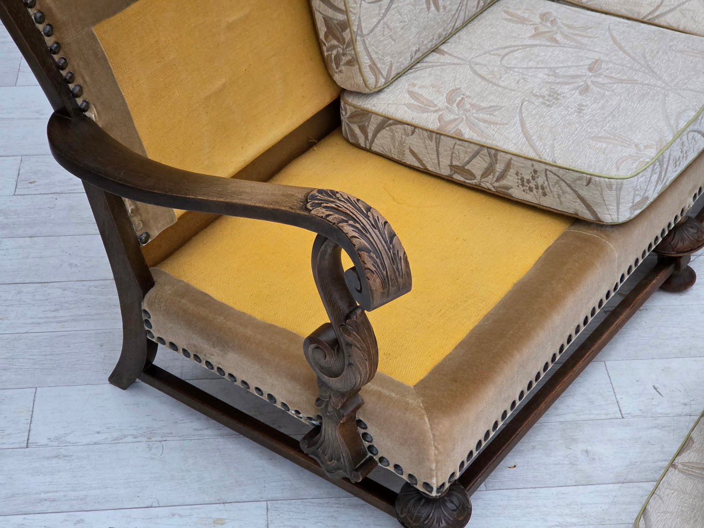 1960s, Danish 3-seater sofa, beige/brown furniture fabric, carved oak wood.