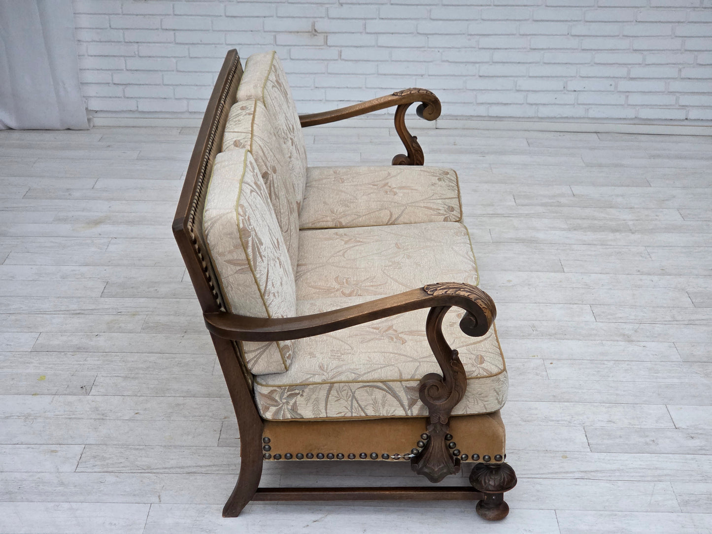 1960s, Danish 3-seater sofa, beige/brown furniture fabric, carved oak wood.