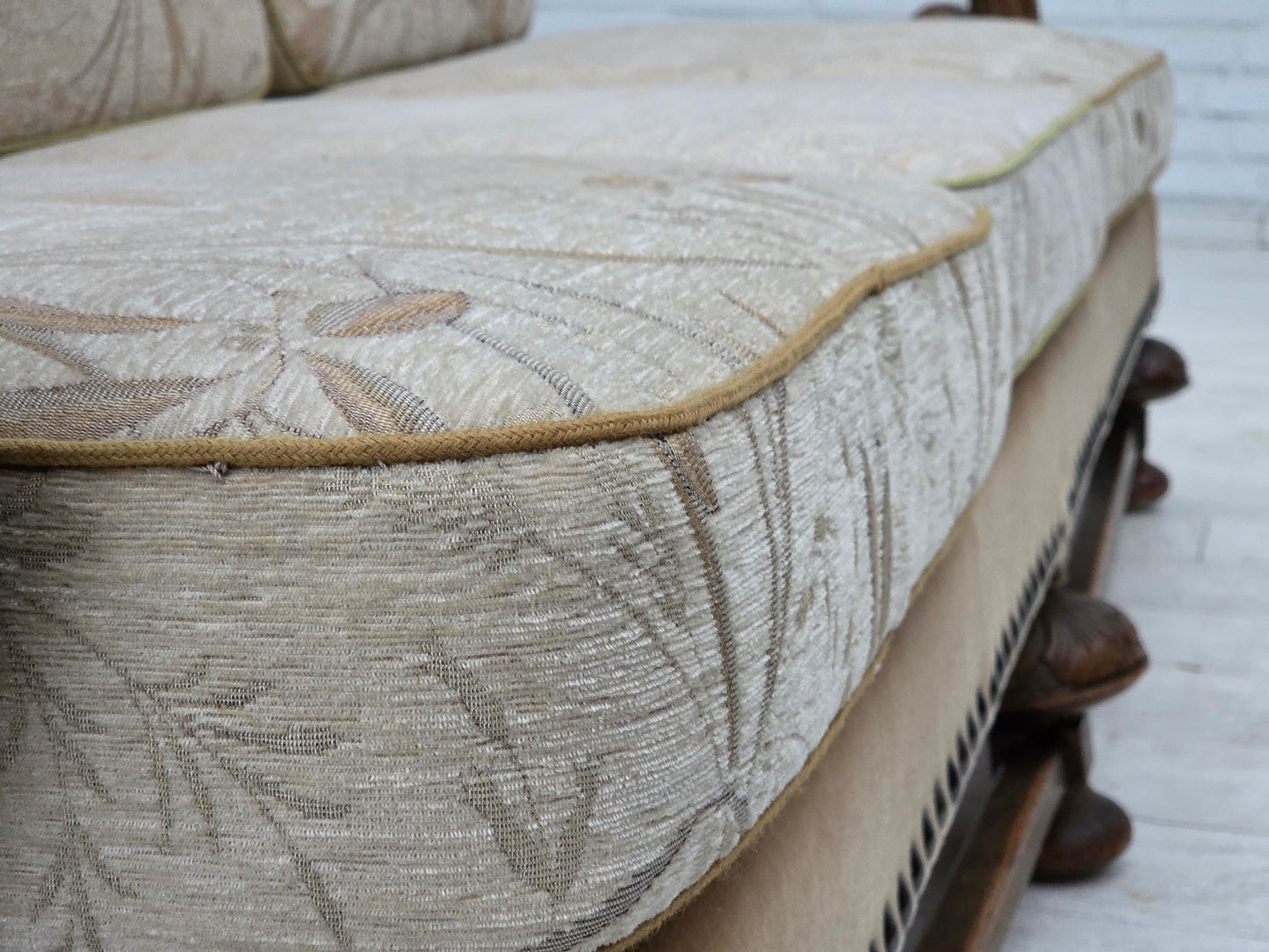 1960s, Danish 3-seater sofa, beige/brown furniture fabric, carved oak wood.