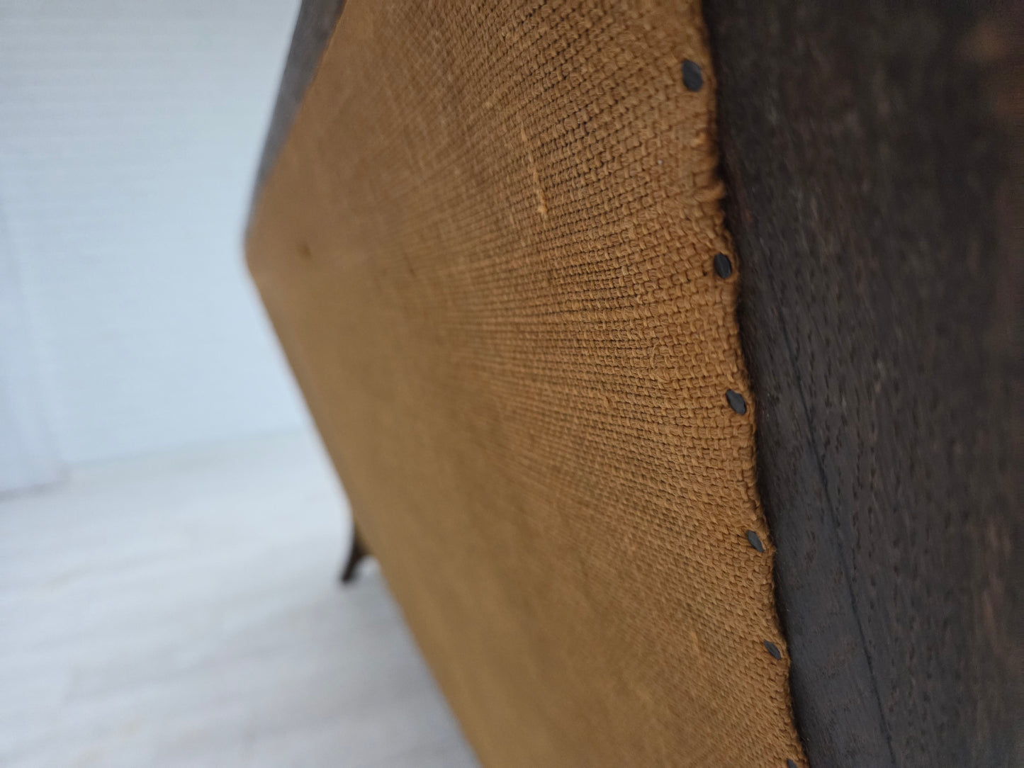 1960s, Danish 3-seater sofa, beige/brown furniture fabric, carved oak wood.