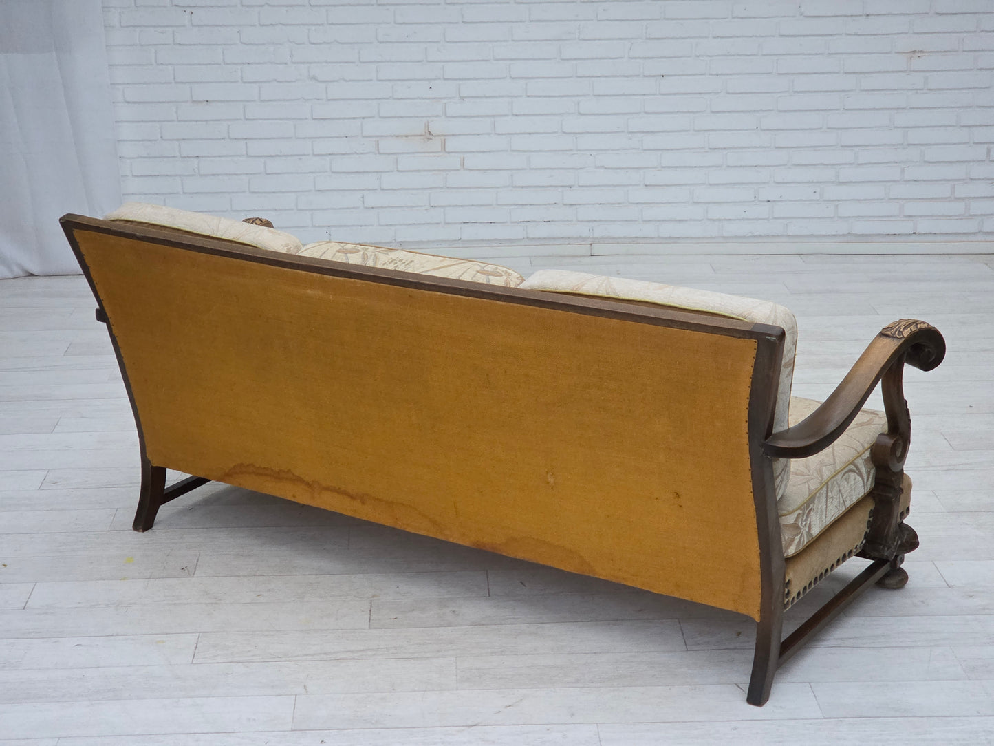 1960s, Danish 3-seater sofa, beige/brown furniture fabric, carved oak wood.