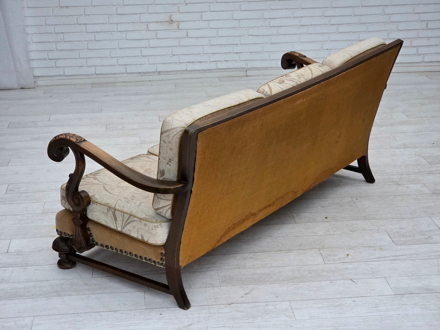 1960s, Danish 3-seater sofa, beige/brown furniture fabric, carved oak wood.