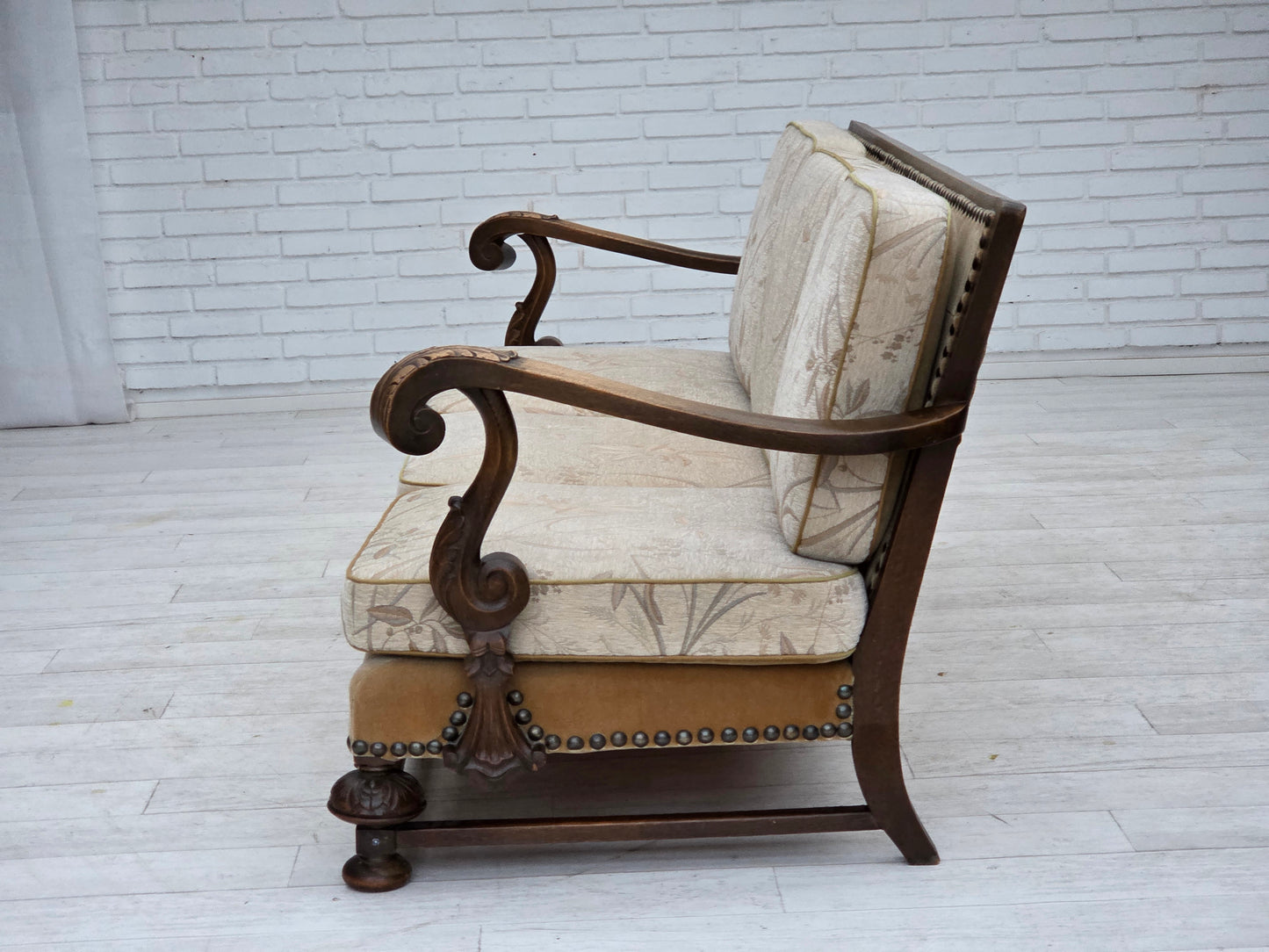 1960s, Danish 3-seater sofa, beige/brown furniture fabric, carved oak wood.