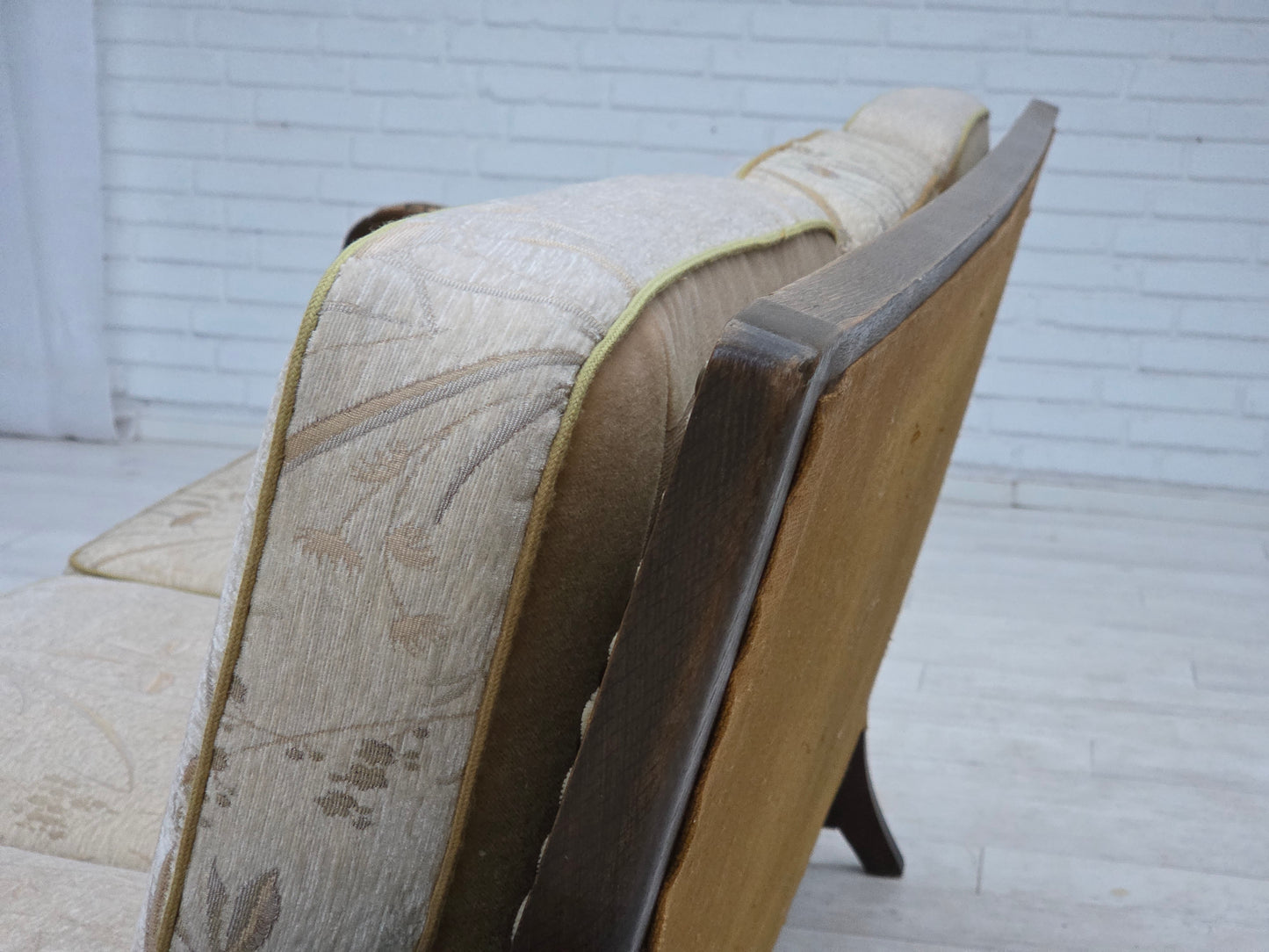1960s, Danish 3-seater sofa, beige/brown furniture fabric, carved oak wood.