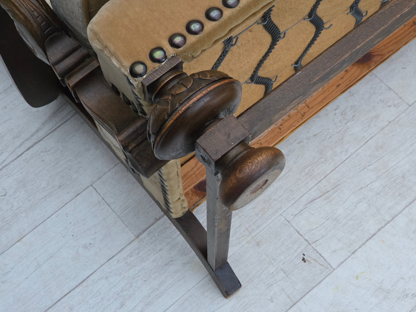 1960s, Danish 3-seater sofa, beige/brown furniture fabric, carved oak wood.