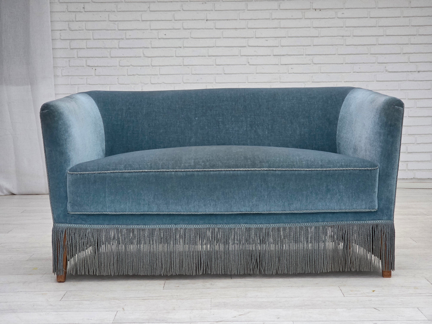 1970s, Danish 2-seater sofa, blue furniture velour, oak wood legs.