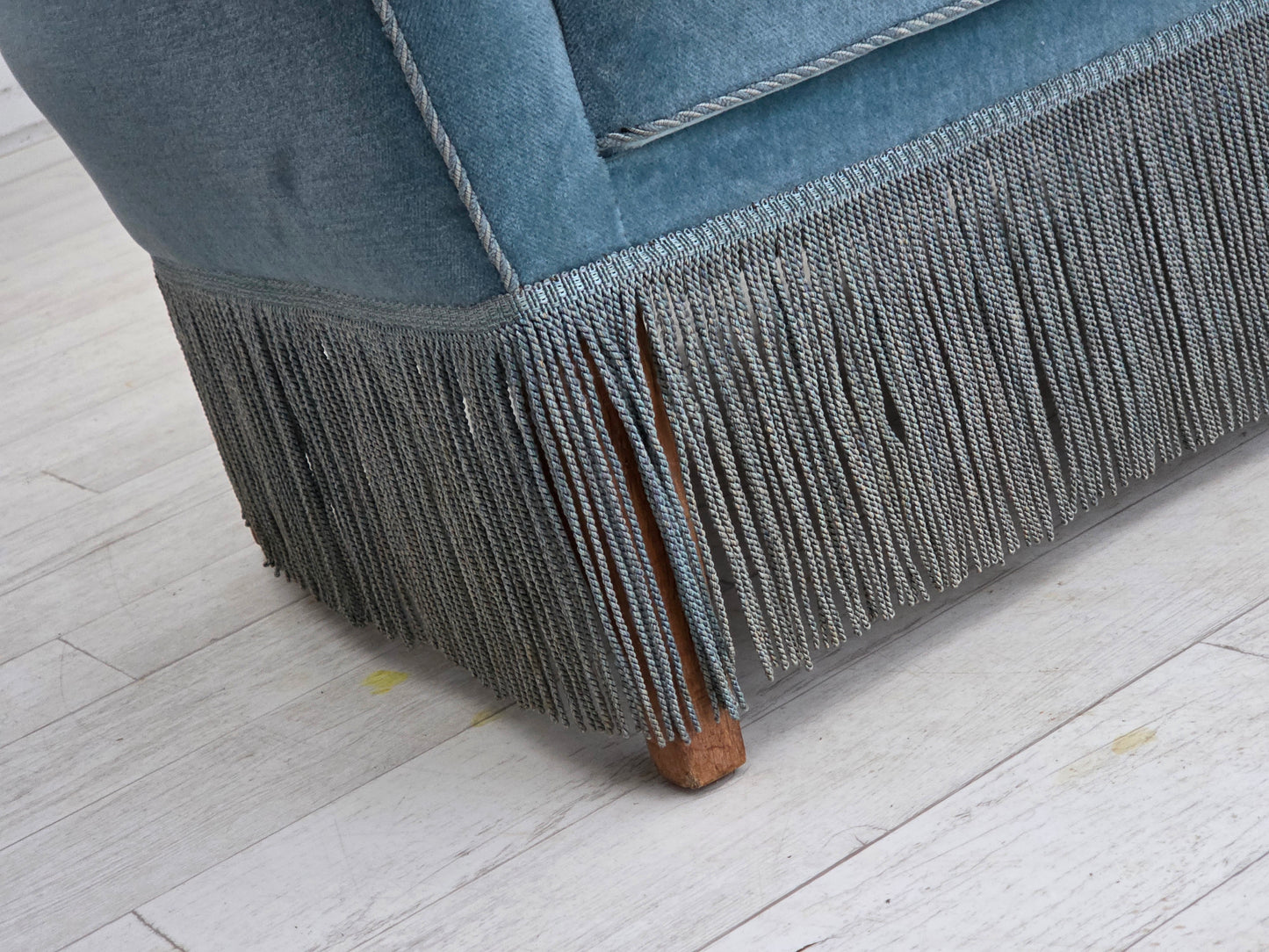 1970s, Danish 2-seater sofa, blue furniture velour, oak wood legs.