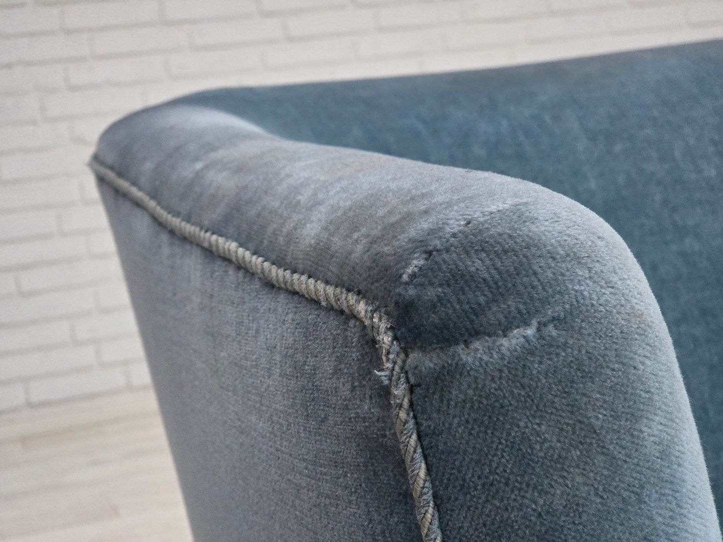 1970s, Danish 2-seater sofa, blue furniture velour, oak wood legs.