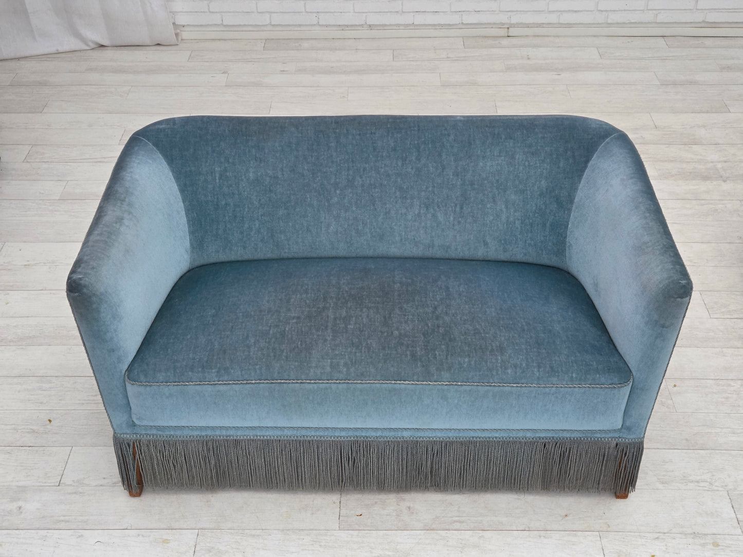 1970s, Danish 2-seater sofa, blue furniture velour, oak wood legs.