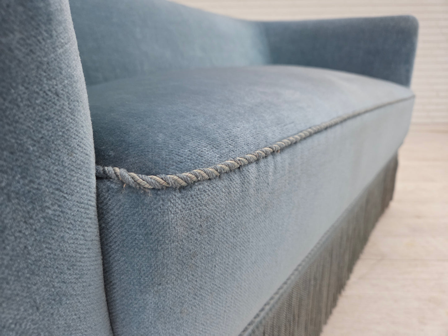 1970s, Danish 2-seater sofa, blue furniture velour, oak wood legs.