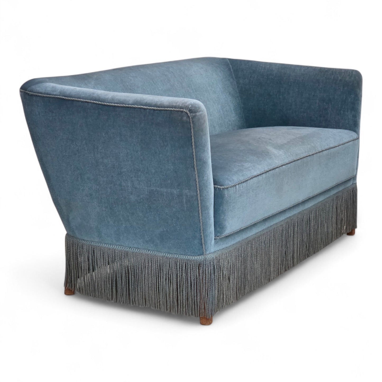 1970s, Danish 2-seater sofa, blue furniture velour, oak wood legs.