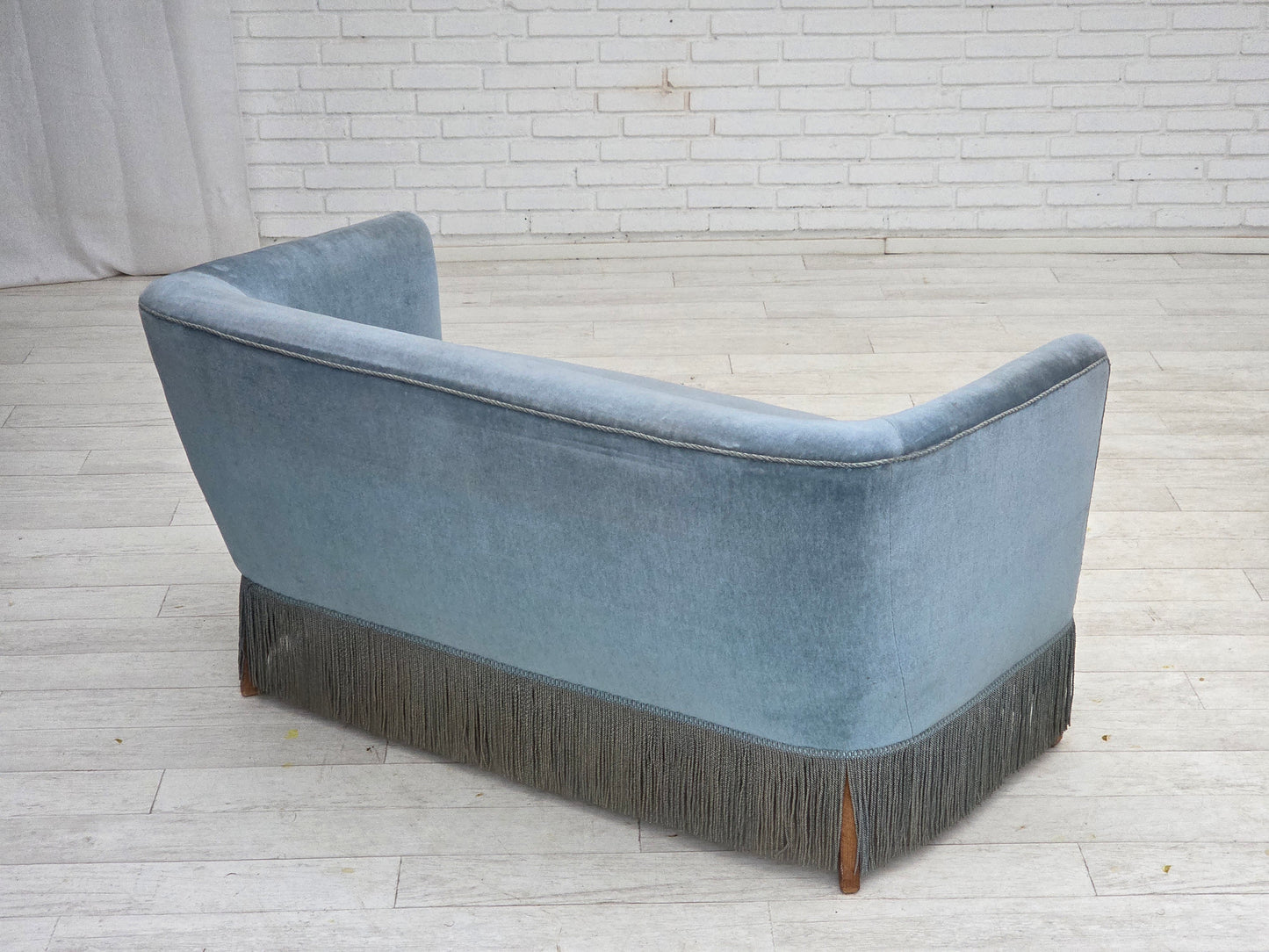 1970s, Danish 2-seater sofa, blue furniture velour, oak wood legs.