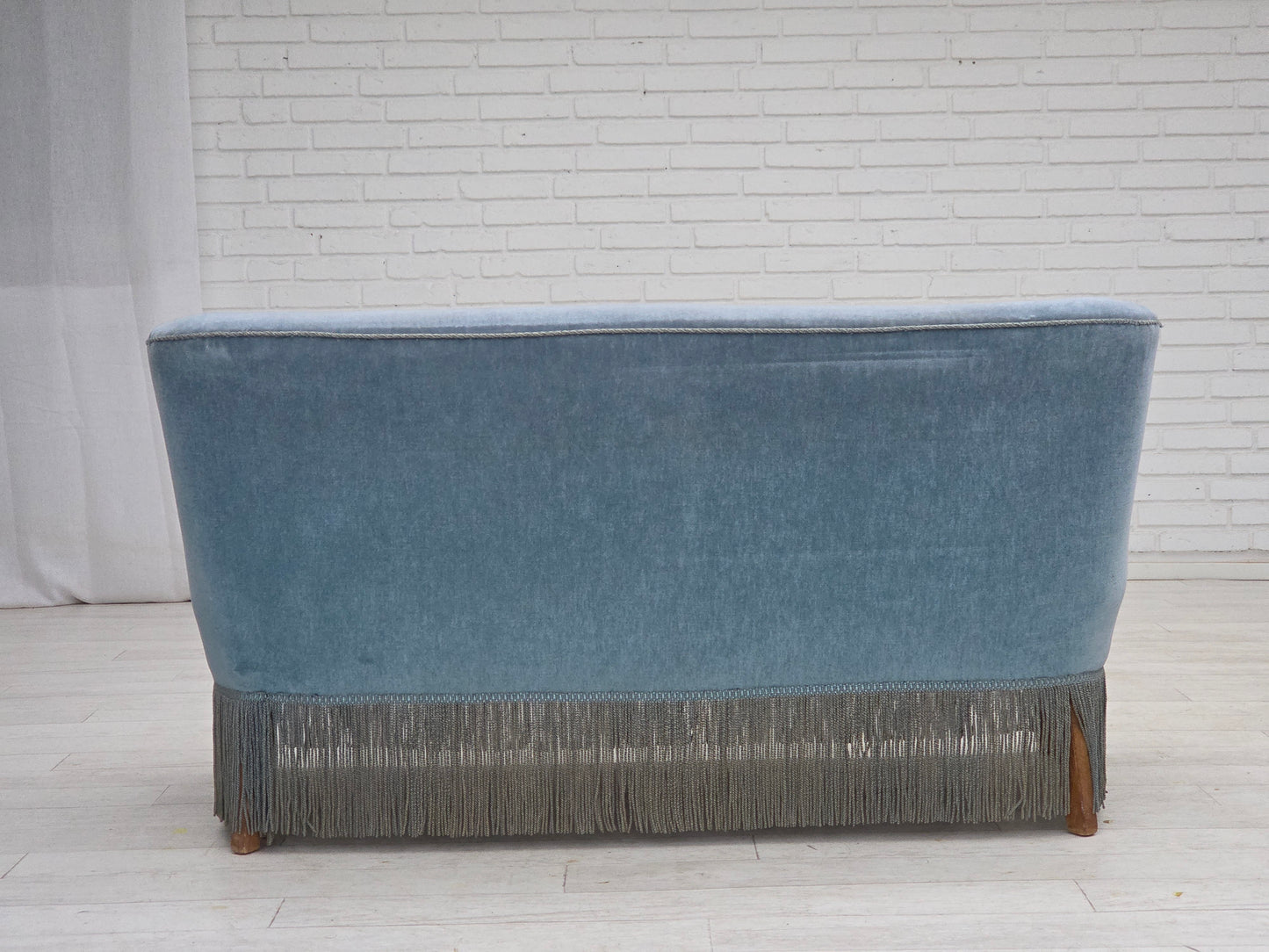1970s, Danish 2-seater sofa, blue furniture velour, oak wood legs.