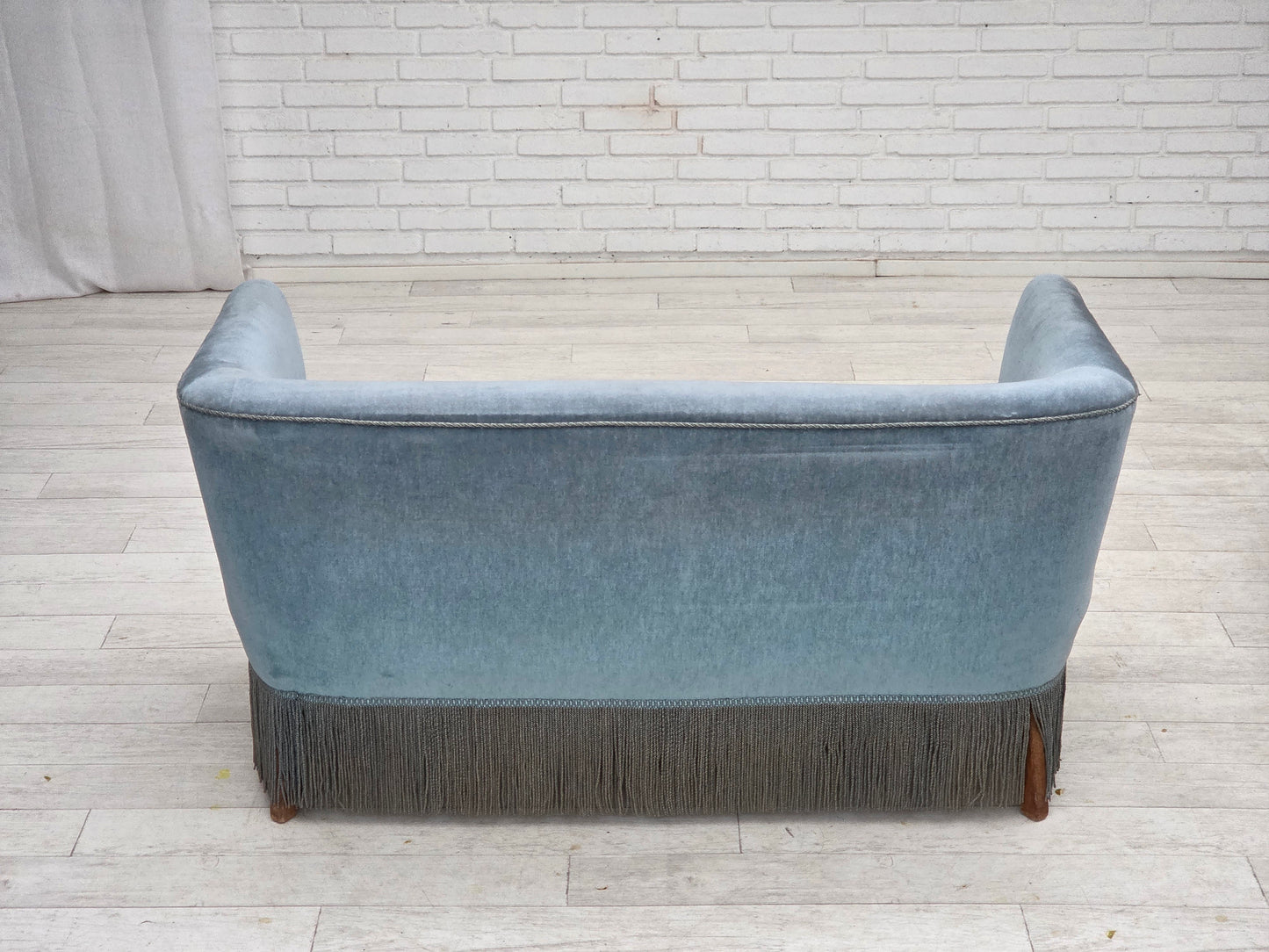 1970s, Danish 2-seater sofa, blue furniture velour, oak wood legs.
