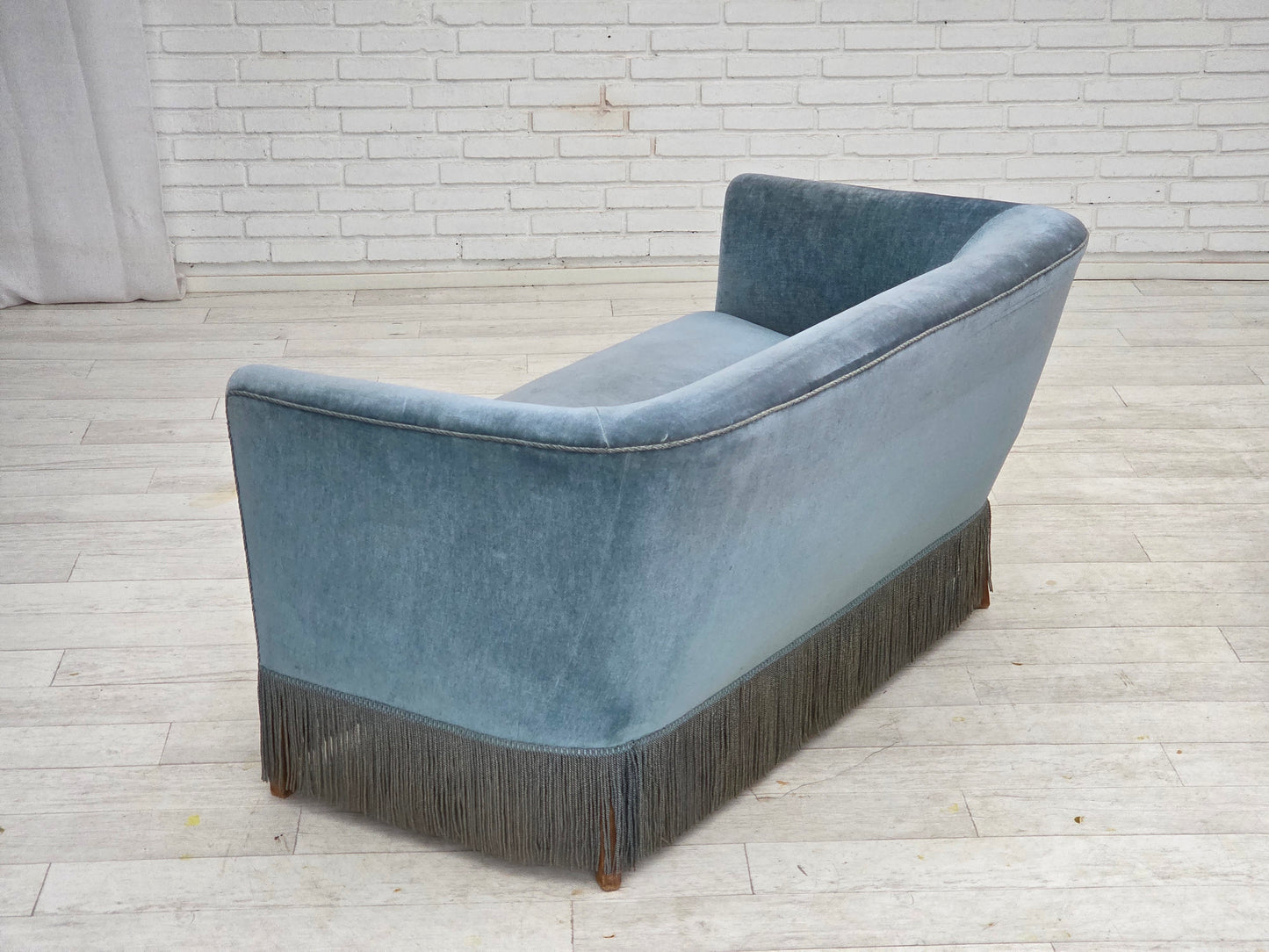 1970s, Danish 2-seater sofa, blue furniture velour, oak wood legs.