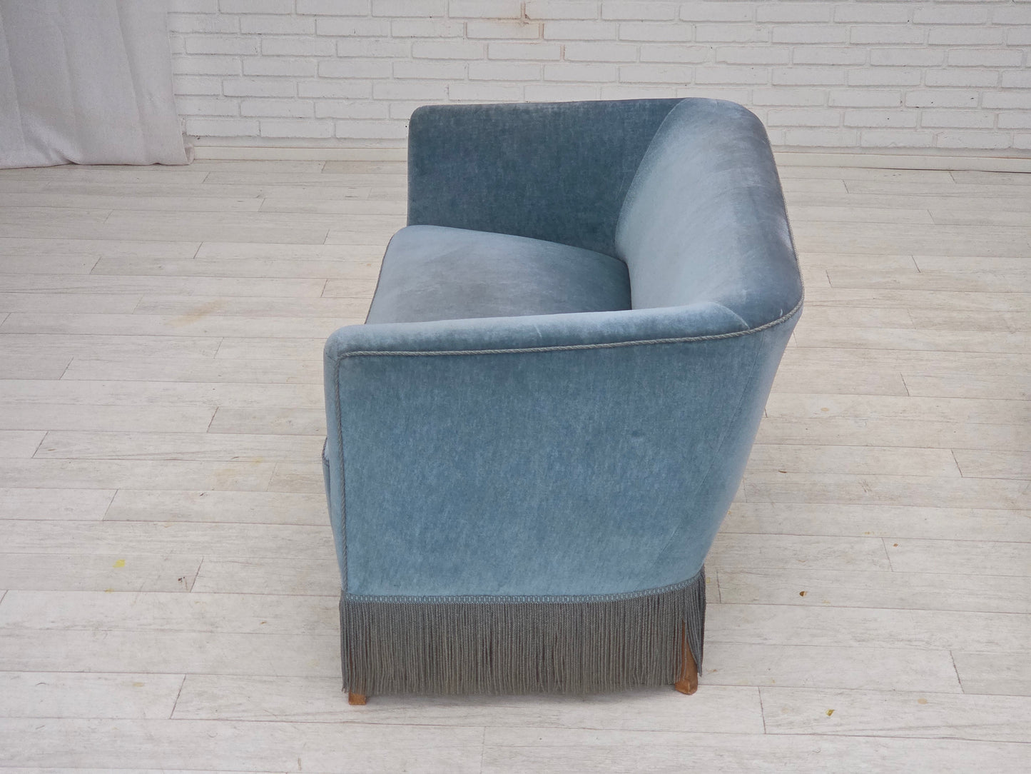 1970s, Danish 2-seater sofa, blue furniture velour, oak wood legs.