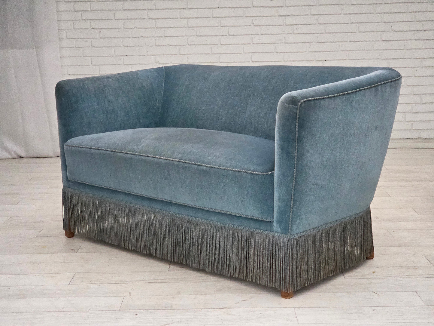 1970s, Danish 2-seater sofa, blue furniture velour, oak wood legs.