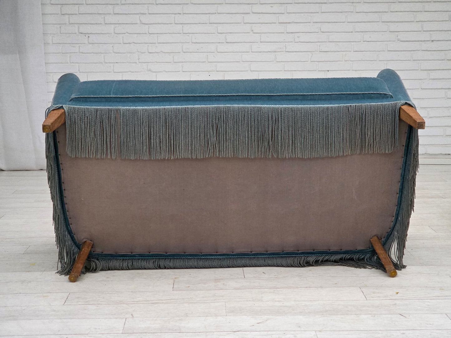 1970s, Danish 2-seater sofa, blue furniture velour, oak wood legs.