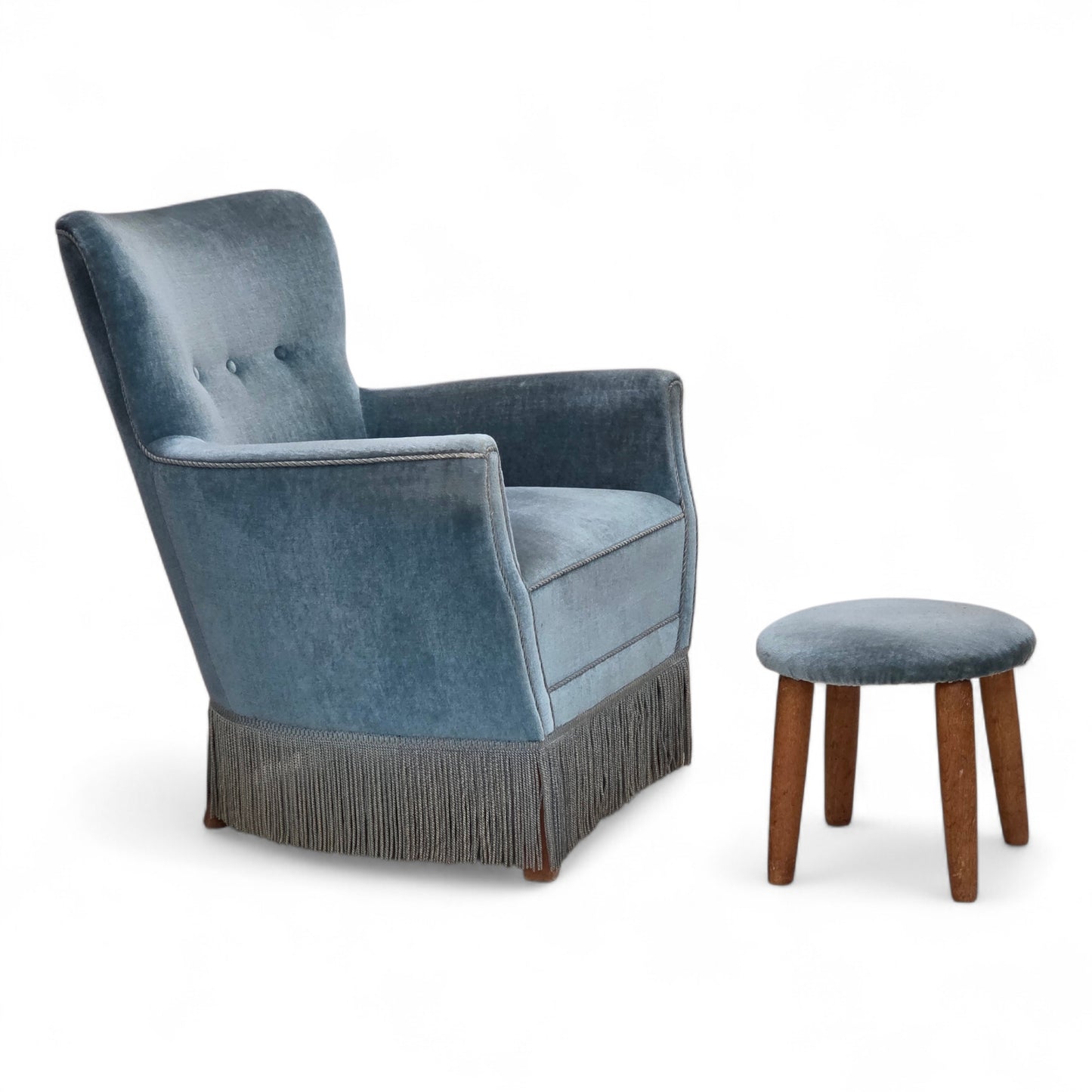 1970s, Danish armchair with footstool, blue furniture velour, oak wood legs.