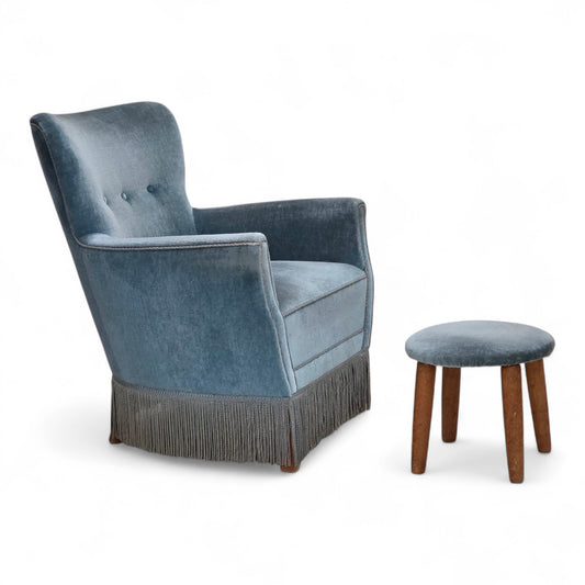 1970s, Danish armchair with footstool, blue furniture velour, oak wood legs.