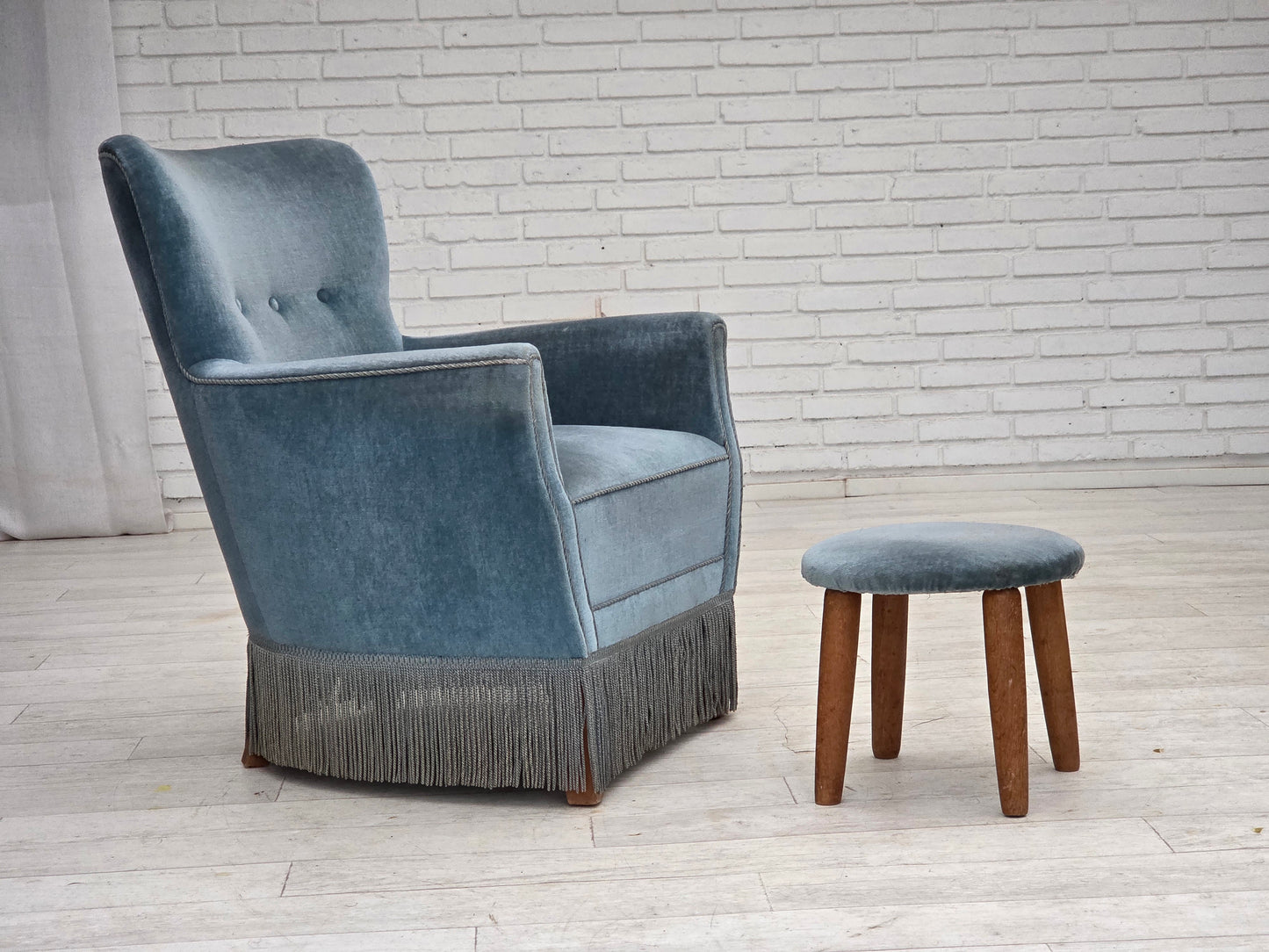 1970s, Danish armchair with footstool, blue furniture velour, oak wood legs.