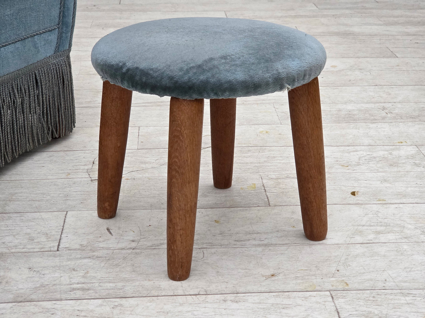 1970s, Danish armchair with footstool, blue furniture velour, oak wood legs.