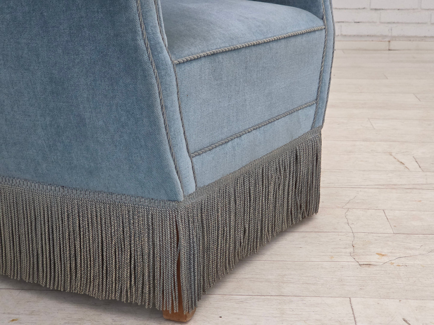 1970s, Danish armchair with footstool, blue furniture velour, oak wood legs.