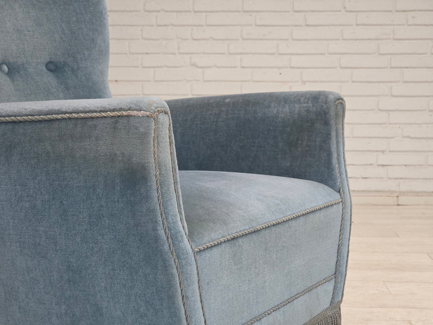 1970s, Danish armchair with footstool, blue furniture velour, oak wood legs.