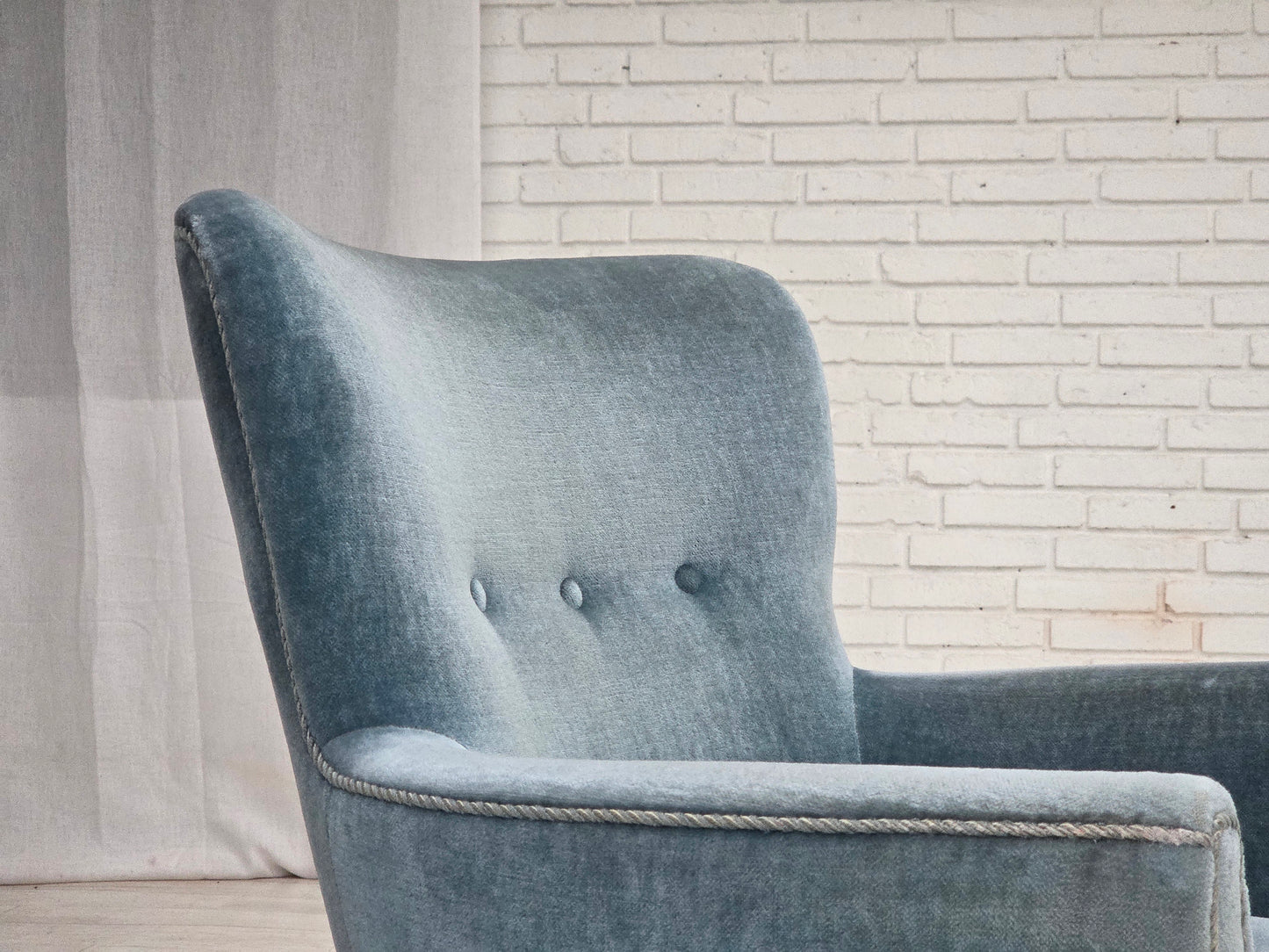 1970s, Danish armchair with footstool, blue furniture velour, oak wood legs.