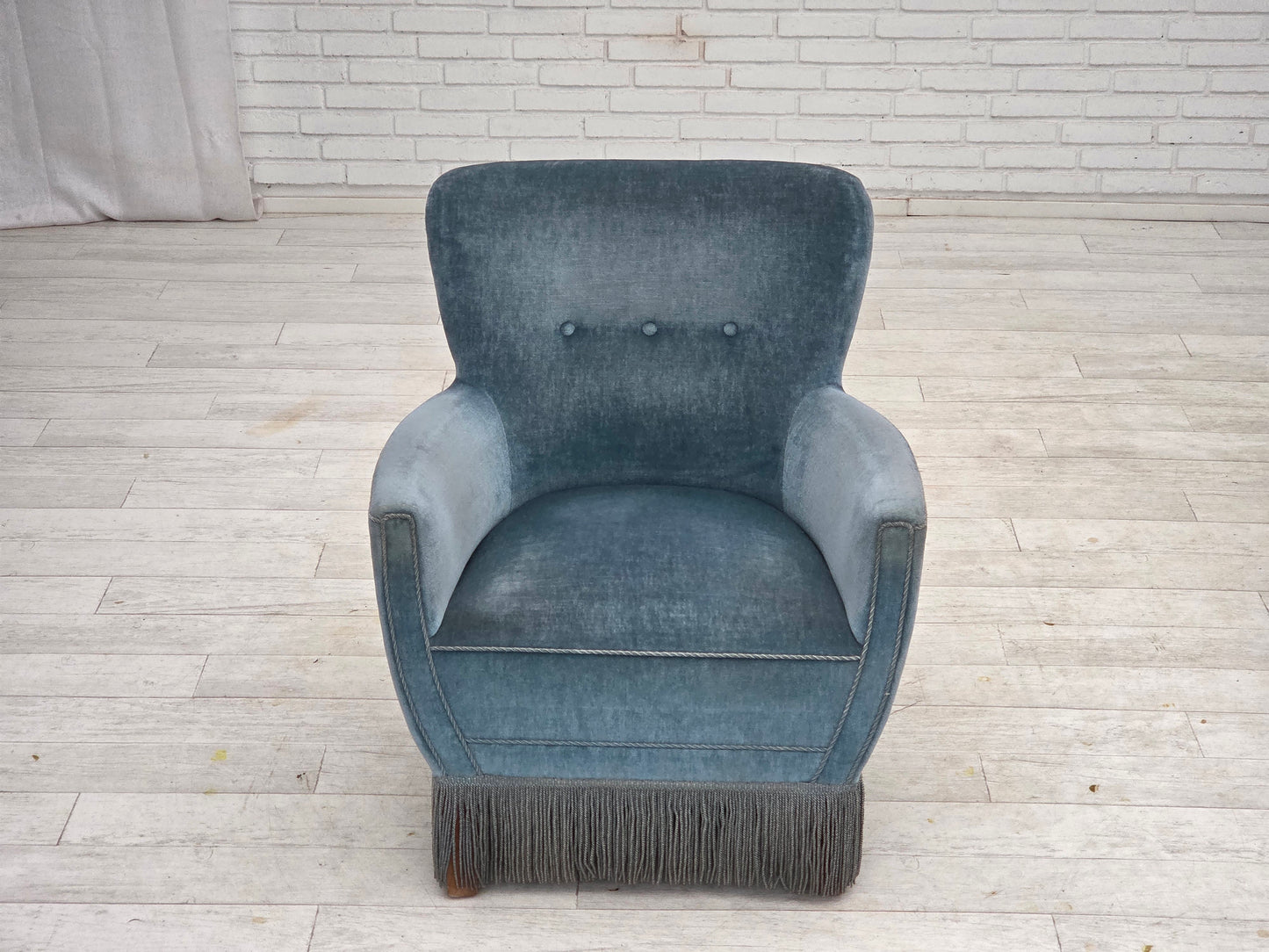 1970s, Danish armchair with footstool, blue furniture velour, oak wood legs.