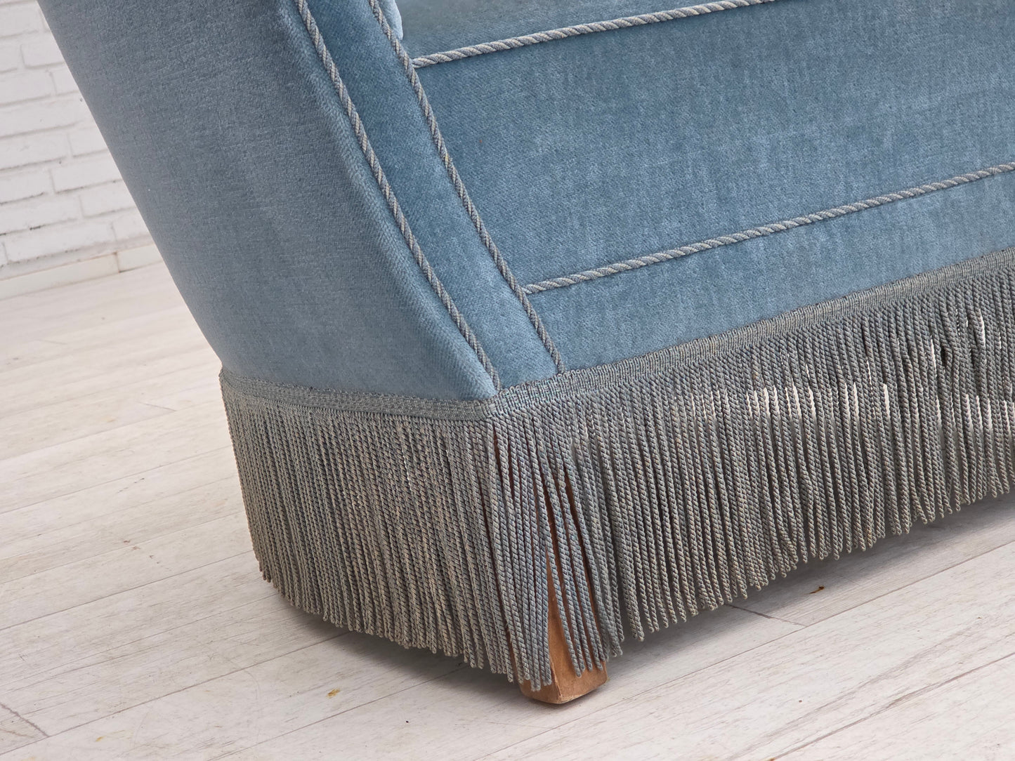 1970s, Danish armchair with footstool, blue furniture velour, oak wood legs.